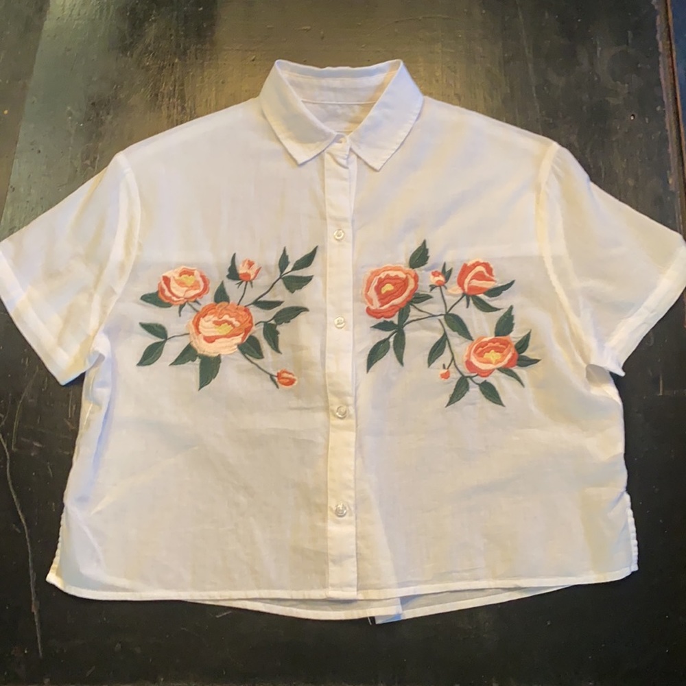 Rails button up rose gretta white floral embroidered cowboy crop top - Size XS